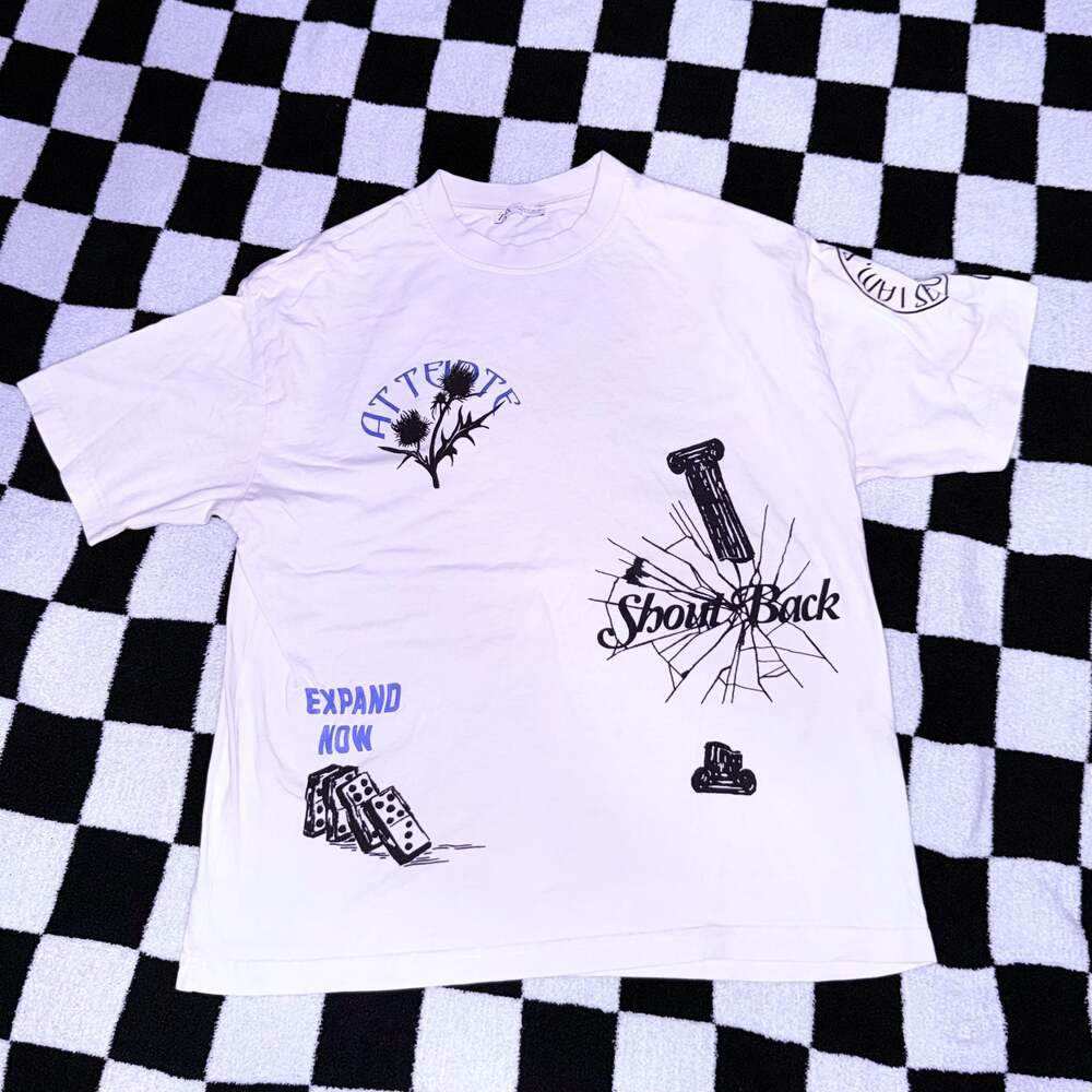 Zara White Multi-Graphic Shout Back Update Successful T-Shirt Size S